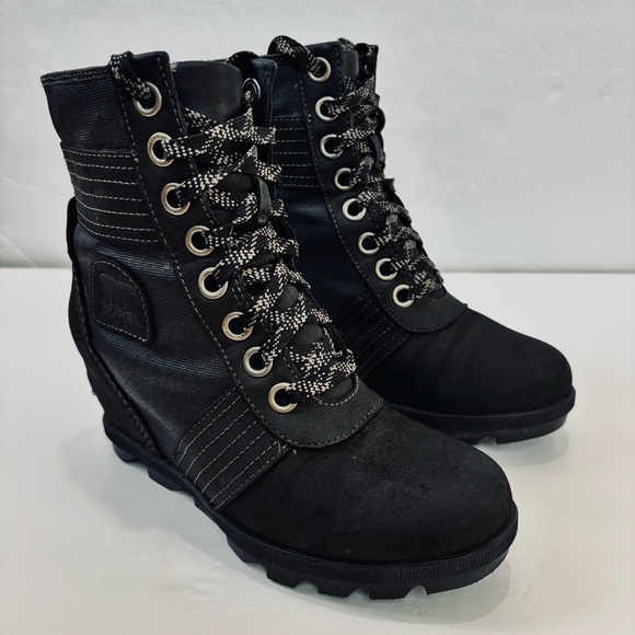 Sorel Lexie Waterproof Black Leather Wedge Heel Lace Up Boots women's 6.5 - Picture 4 of 16